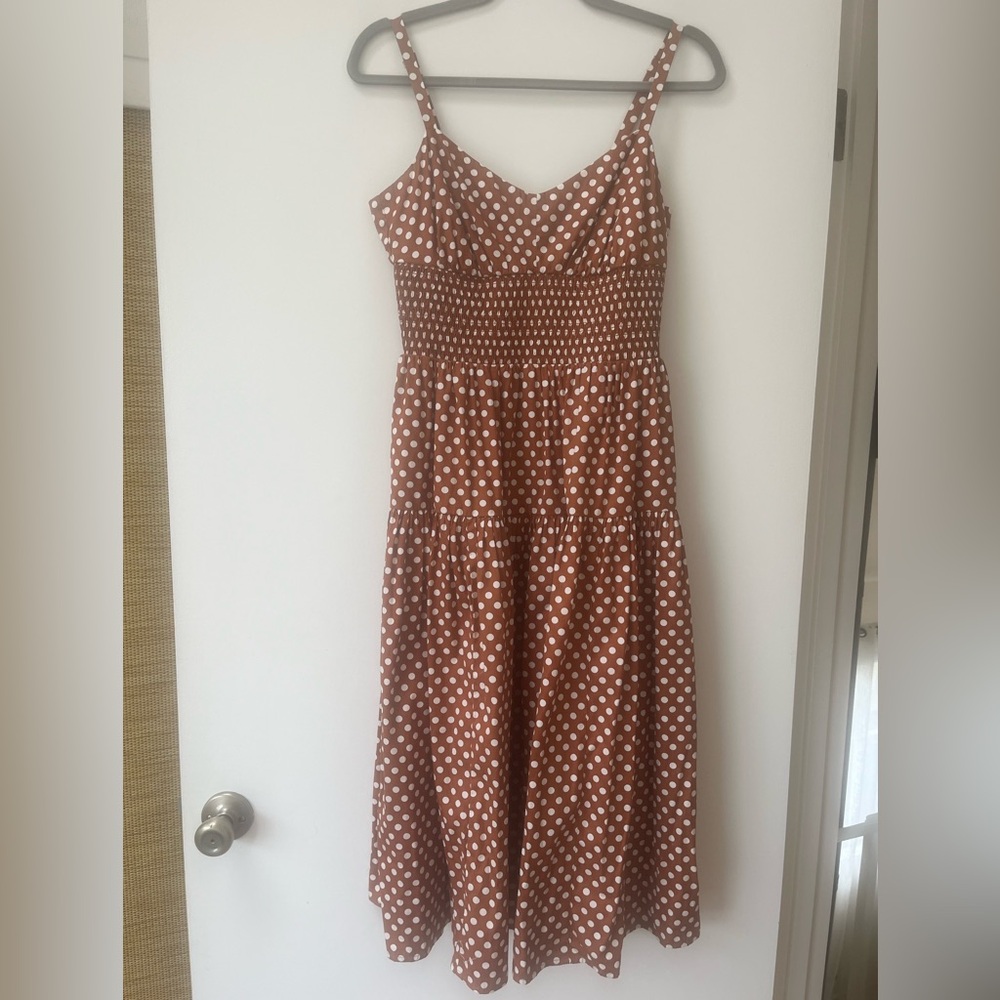 J. Crew Brown and White Polka Dot Midi Sundress 4